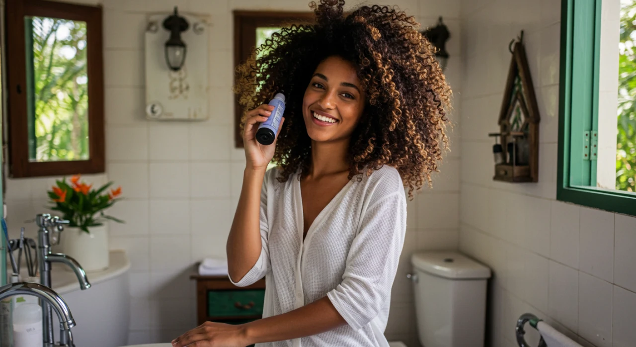 Mulher cacheada aplicando ativador de cachos em banheiro decorado com estilo brasileiro.