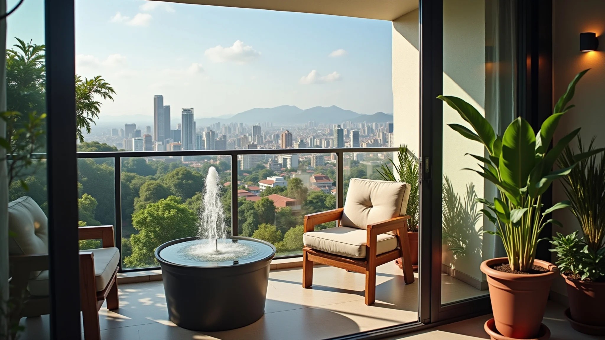 Varanda com feng shui, fonte de água, plantas e vista da cidade.