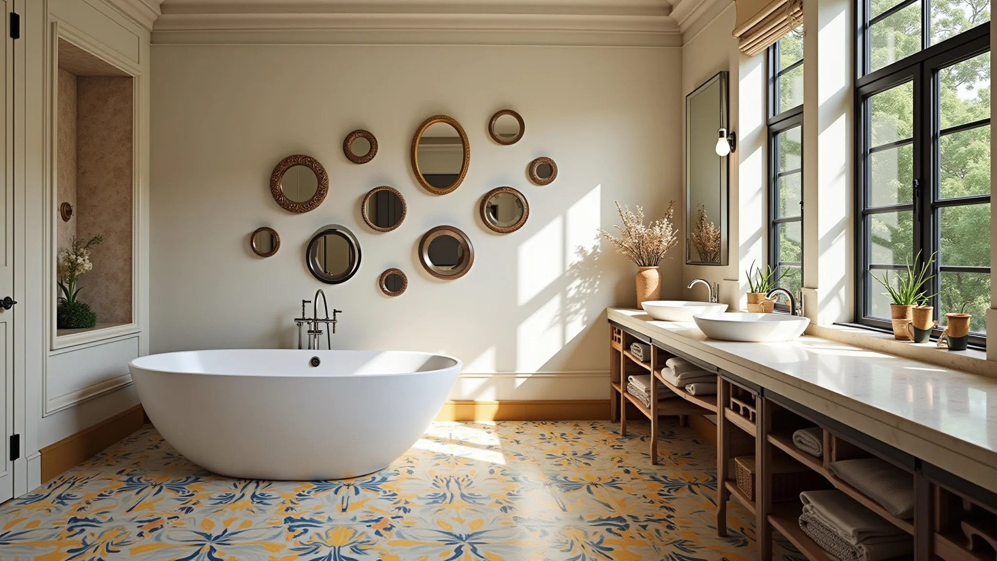 Banheiro com vários espelhos decorativos, azulejos vibrantes, iluminação natural.