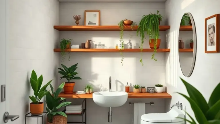 Banheiro decorado com prateleiras de madeira, plantas e itens organizados, estilo brasileiro.