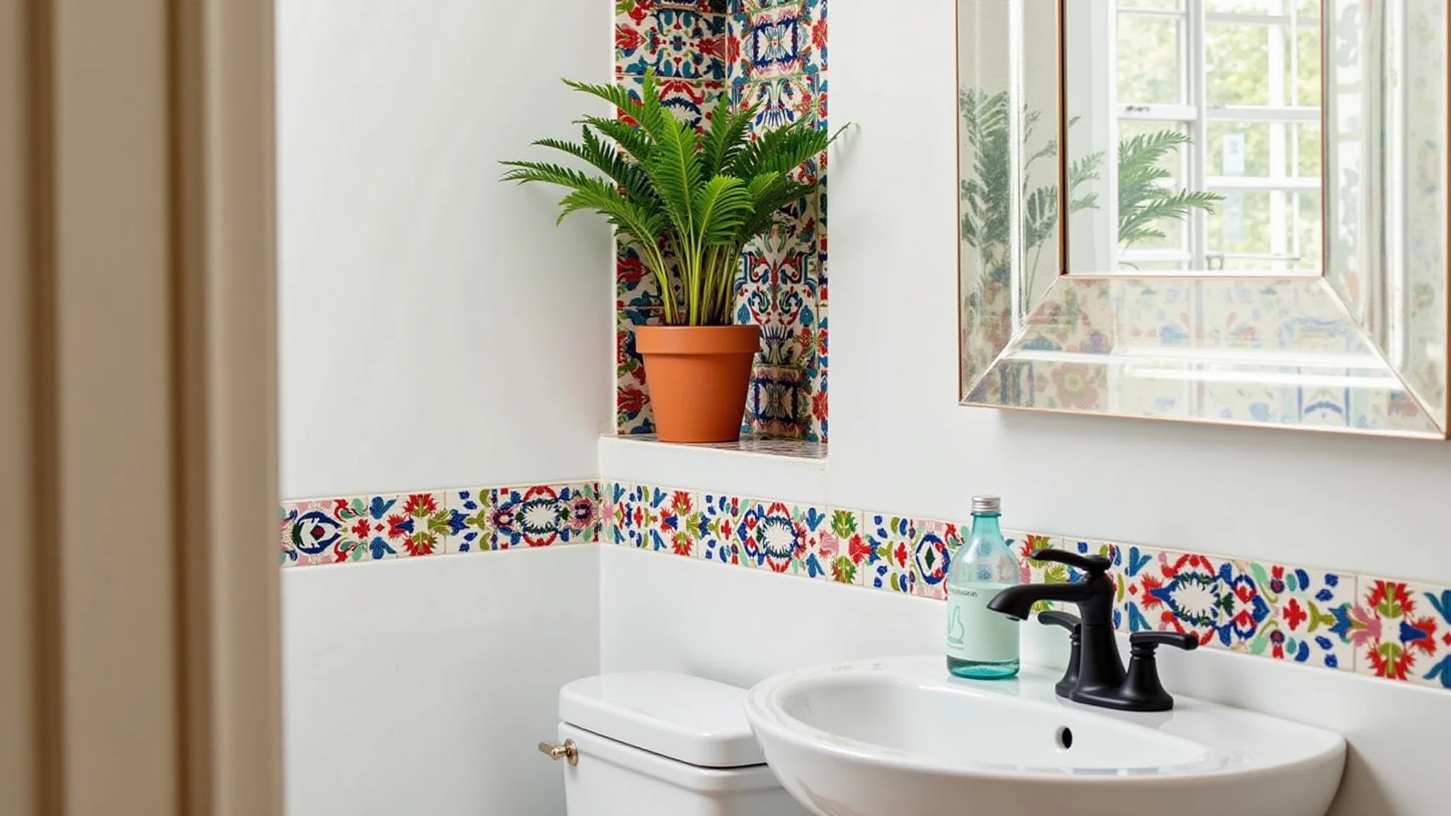 Banheiro com nicho decorado com azulejos coloridos e plantas.