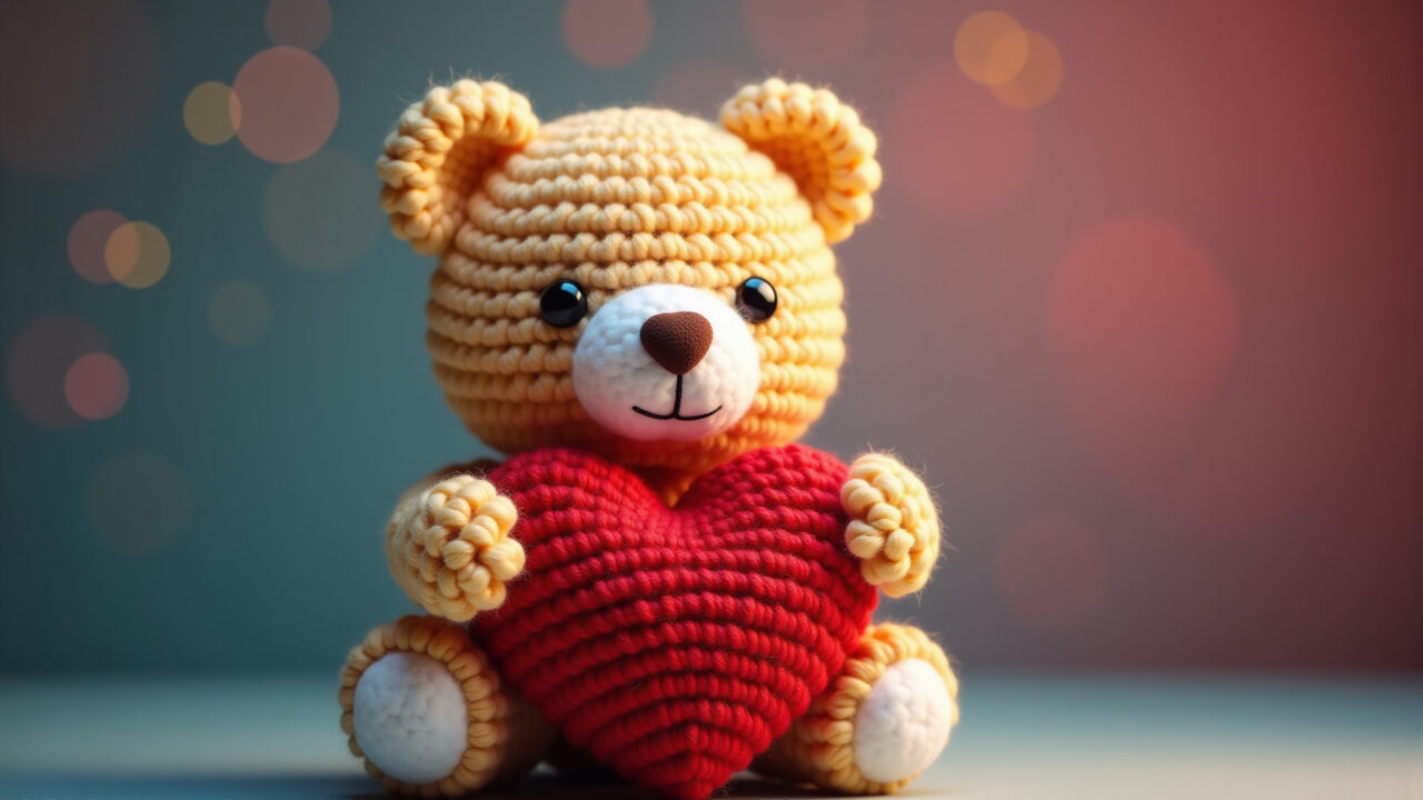 Amigurumi de urso segurando um coração colorido.