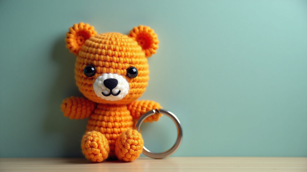 Amigurumi de urso porta-chaves pendurado na porta.
