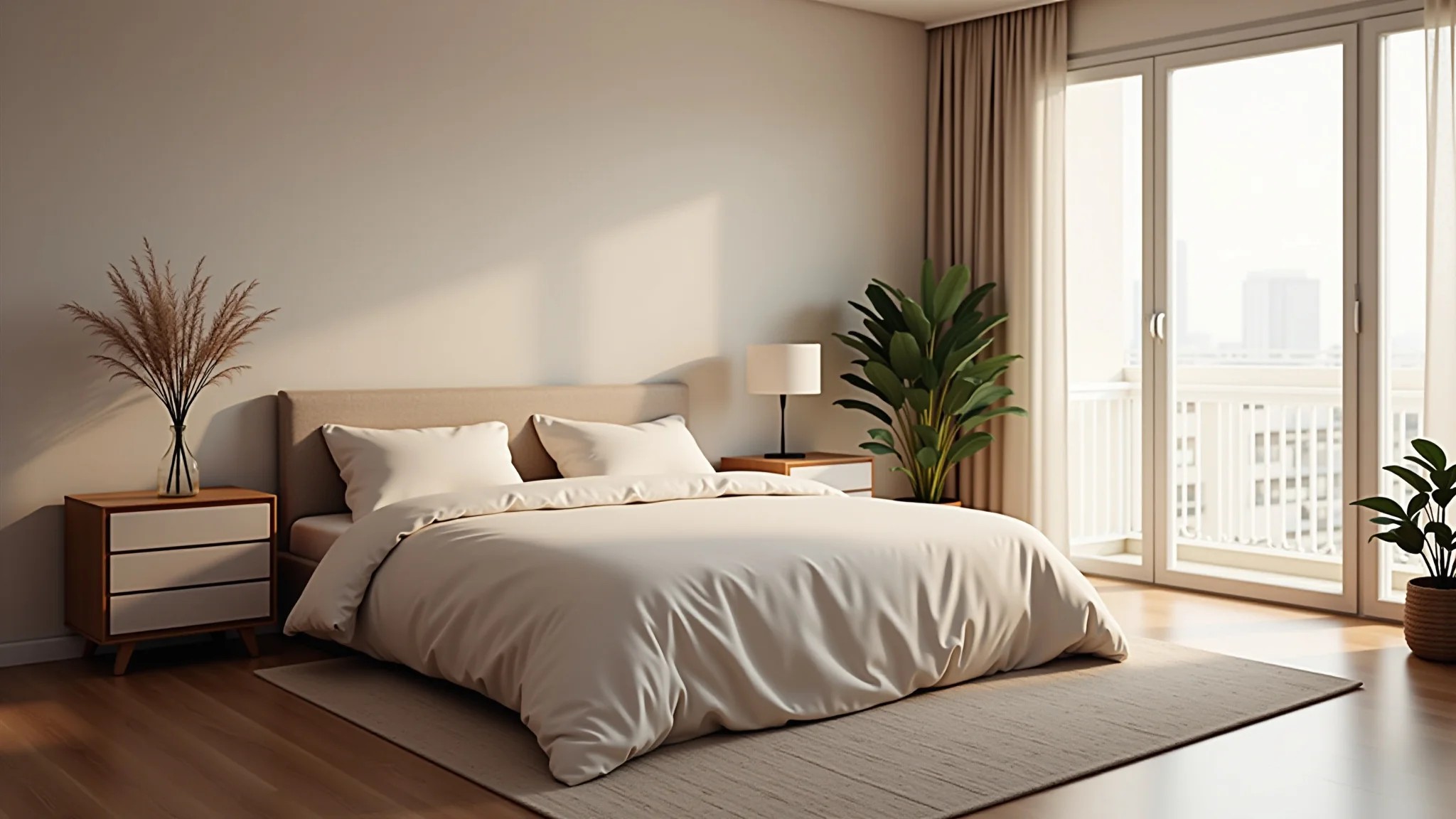 Quarto com cores suaves, feng shui, ambiente calmo e relaxante.