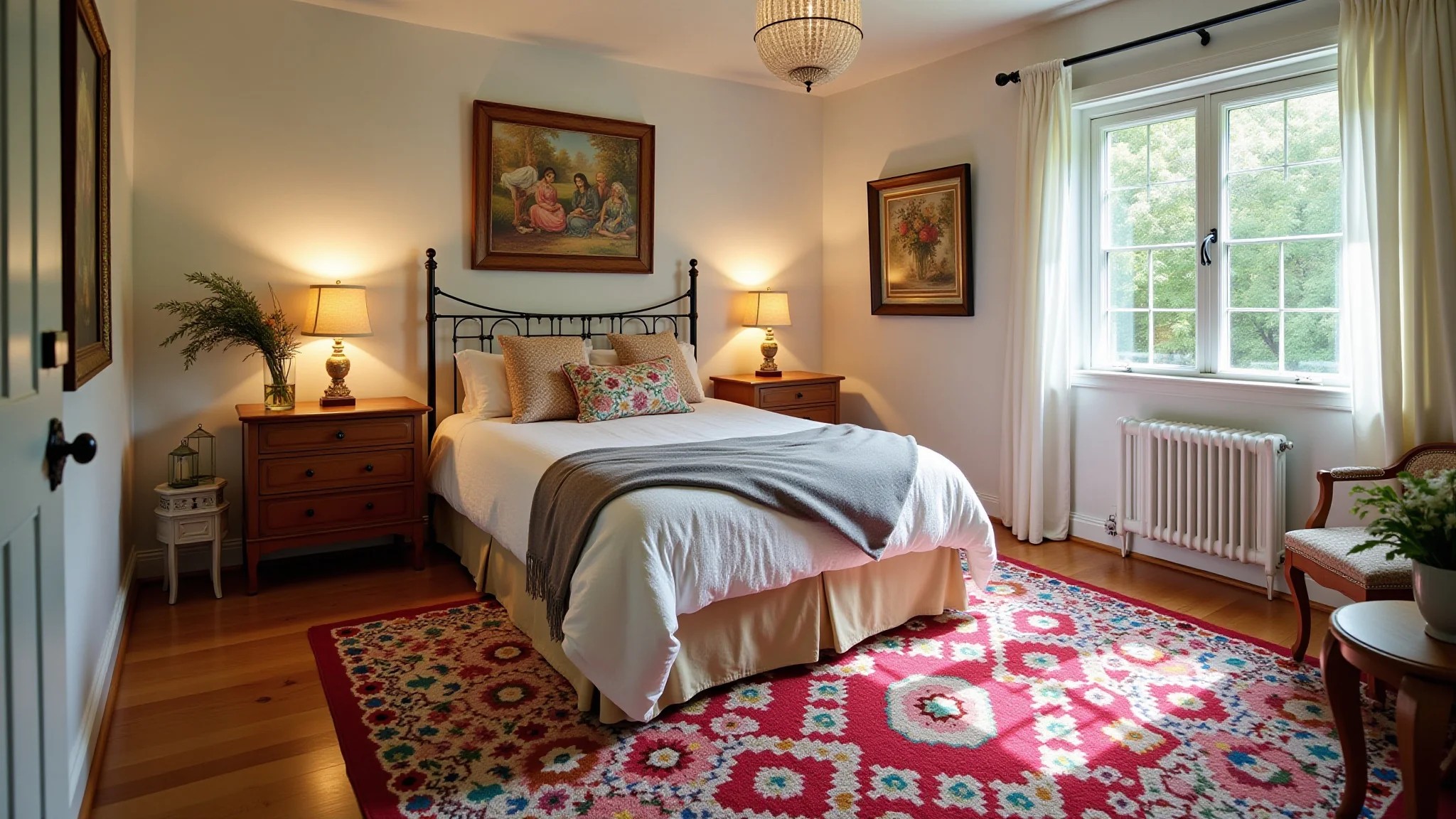 Quarto com tapete de crochê floral vibrante, decoração estilo Farm Rio e iluminação natural.