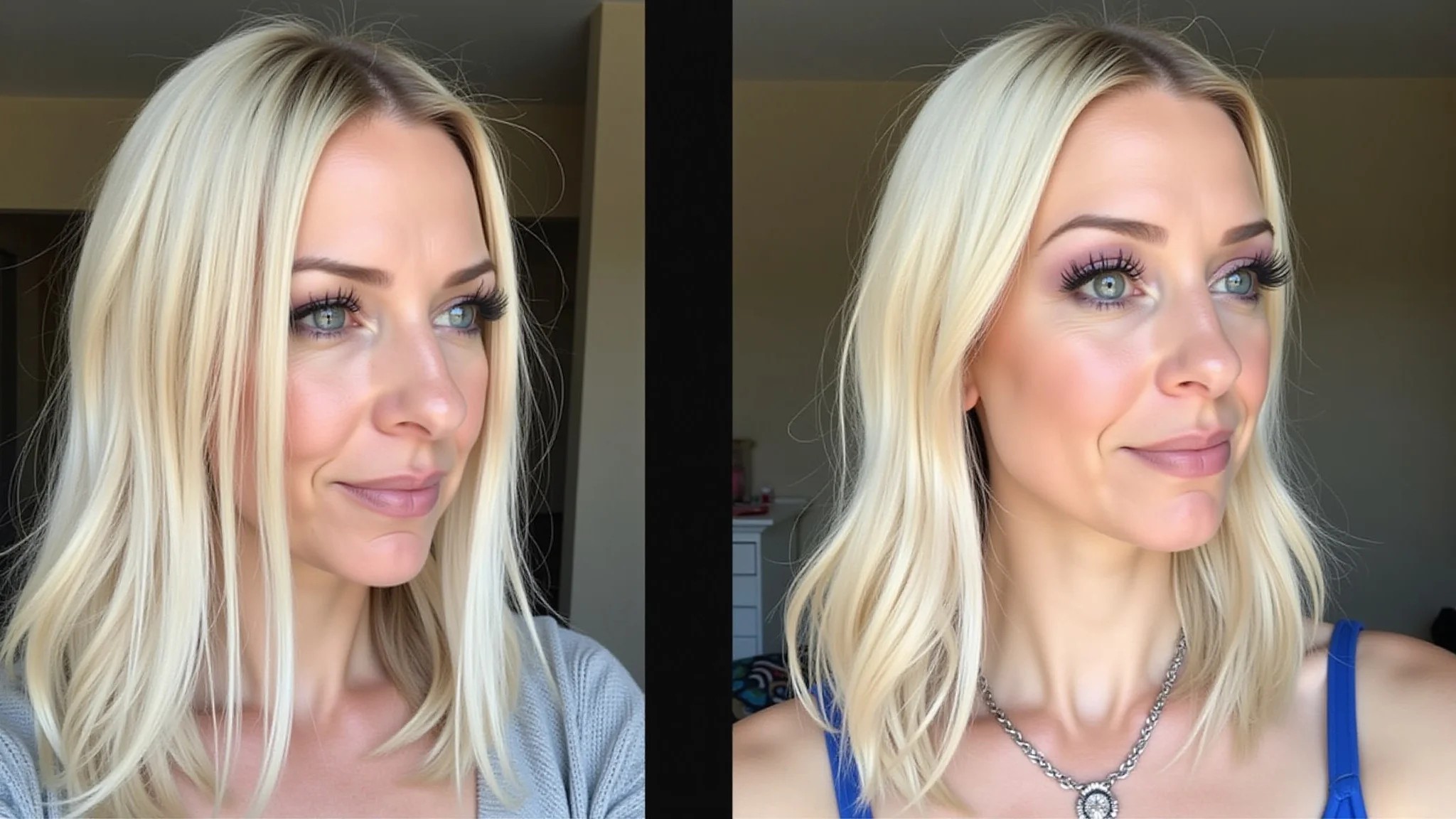 Cabelo loiro antes e depois do tratamento com shampoo roxo, tela dividida.
