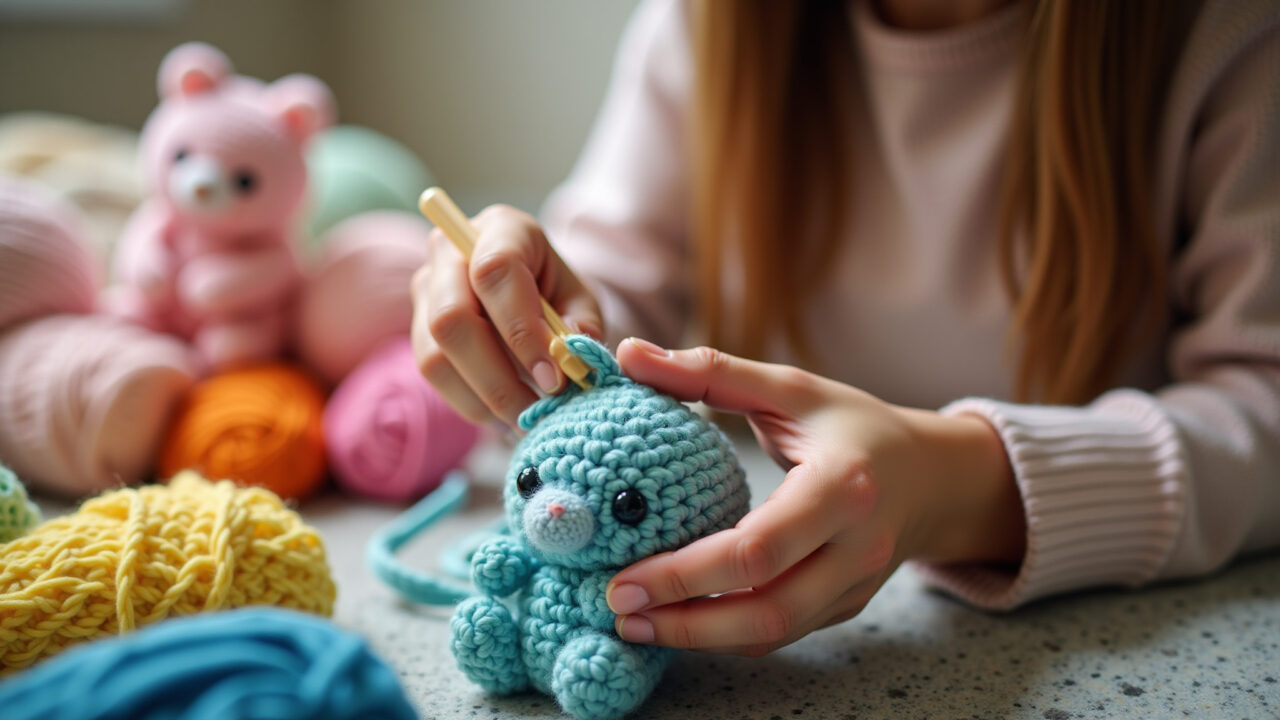 Beginner crocheter holding a 2.5mm crochet hook, colorful amigurumi yarn, soft focus, natural Iniciante segurando agulha de crochê 2.5mm para amigurumi com cabo ergonômico.