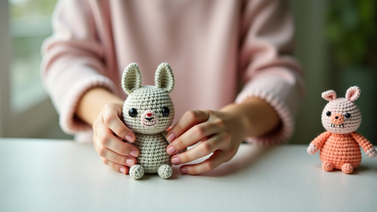 Beginner crocheting simple amigurumi, small project, bright colors, natural light, 8K quality, Iniciante crocheteando amigurumi simples.