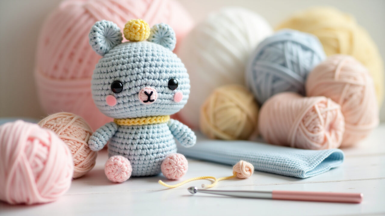 Beginner-friendly seamless amigurumi tutorial, soft pastel colors, crochet hook, yarn, natural Tutorial de amigurumi sem costura para iniciantes com cores pastel.