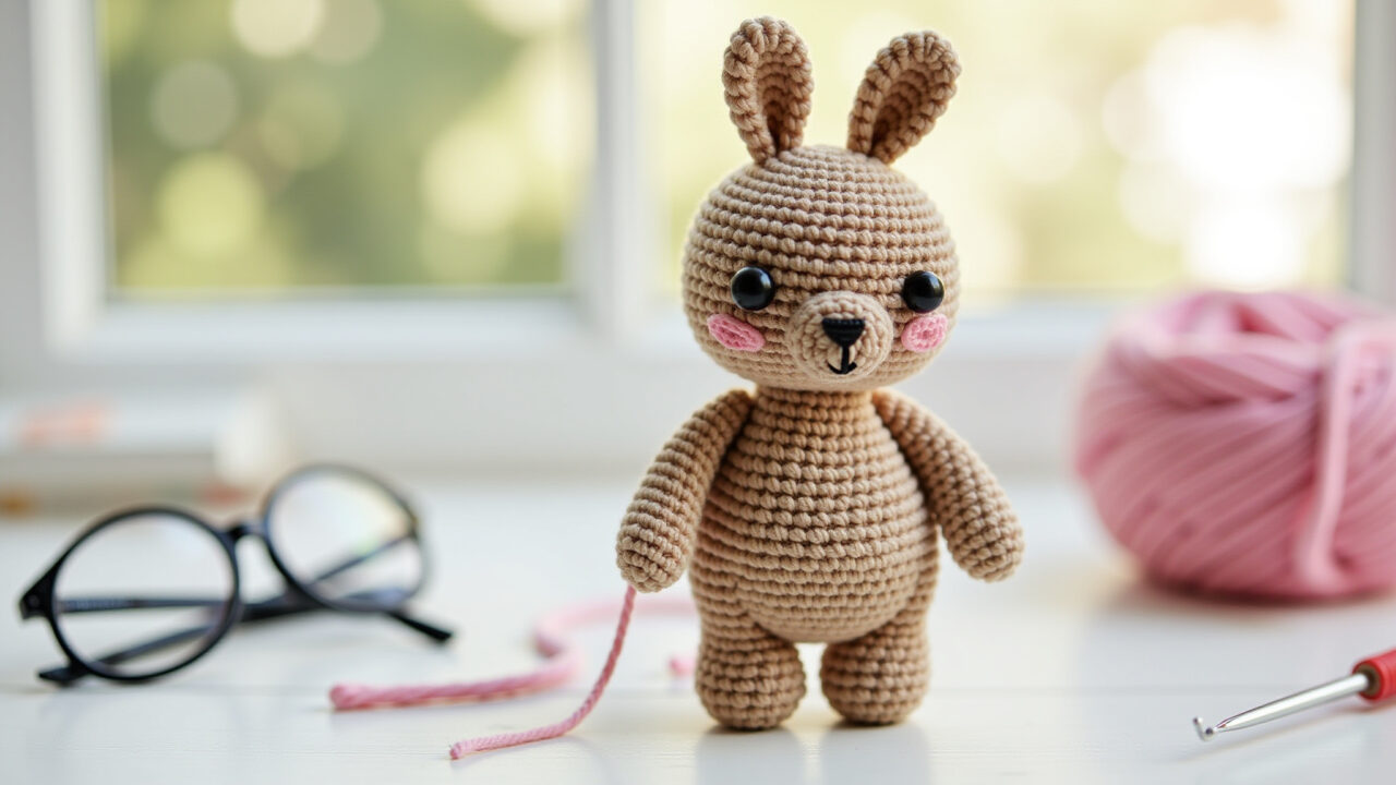 Beginner's amigurumi project, simple cotton yarn, crochet hook, easy pattern, bright natural light, Amigurumi simples de algodão, ideal para iniciantes.