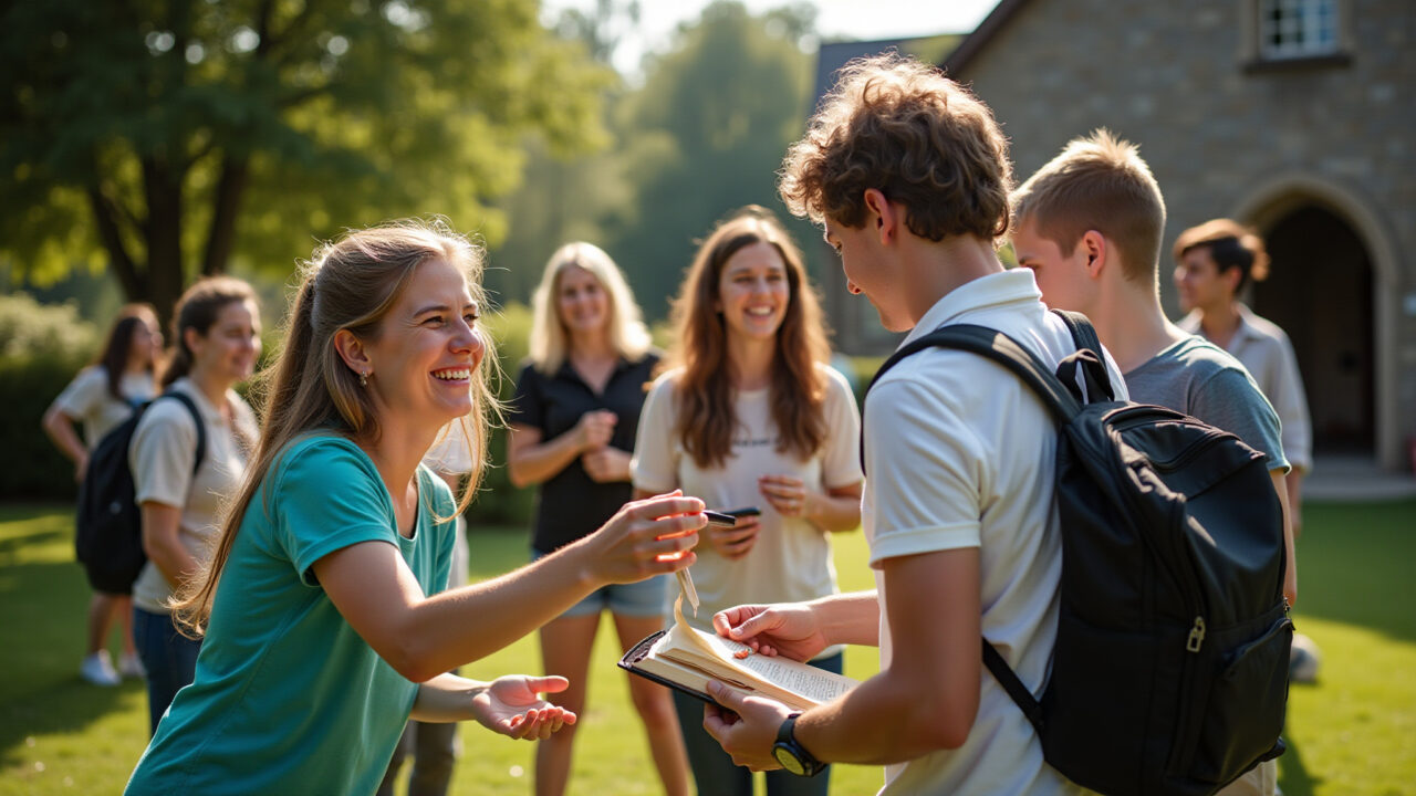Biblical scavenger hunt setup in church garden, clues, prizes, team work, natural lighting, Preparação para gincana bíblica em jardim de igreja.