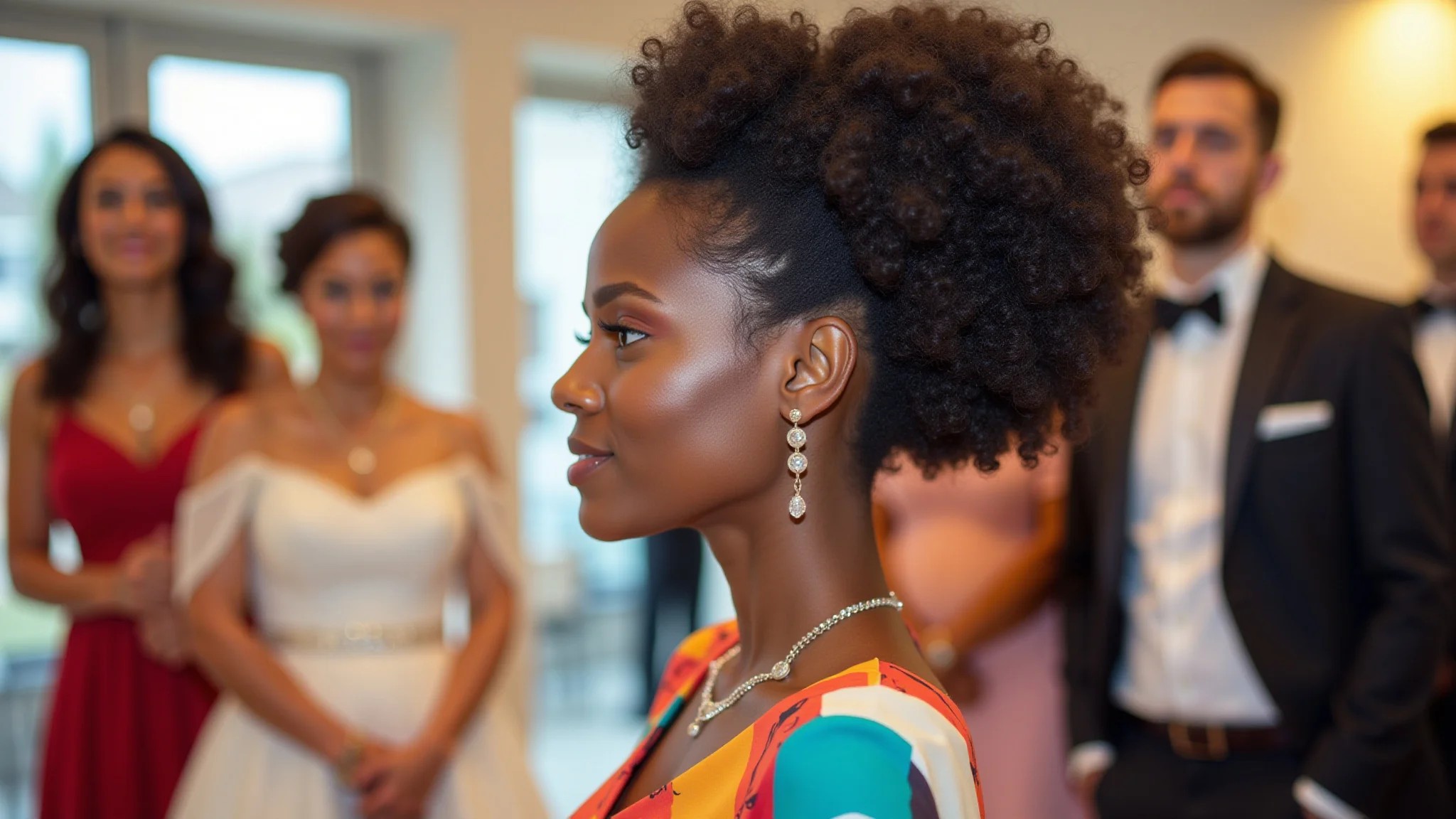 Madrinha negra com cabelo cacheado em penteado preso texturizado, vestido vibrante.