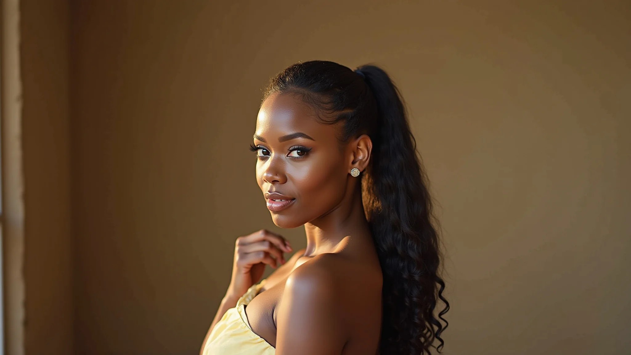 Mulher negra com cabelo natural em rabo de cavalo baixo e vestido de um ombro.