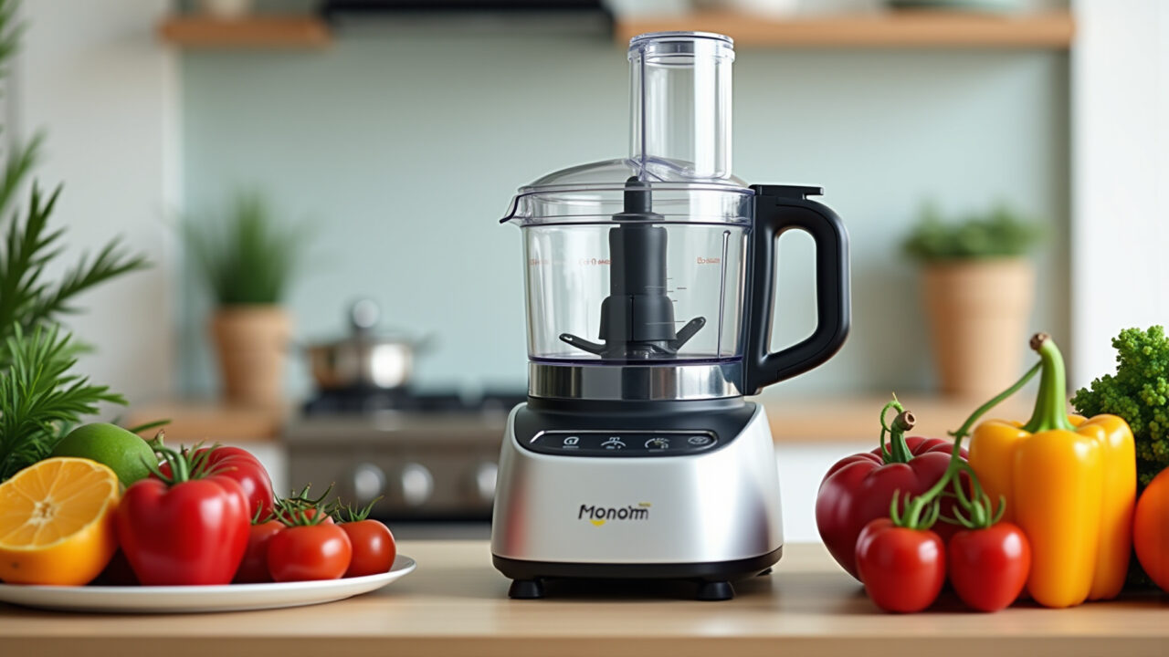 Liquidificador e processador de alimentos em bancada de cozinha.