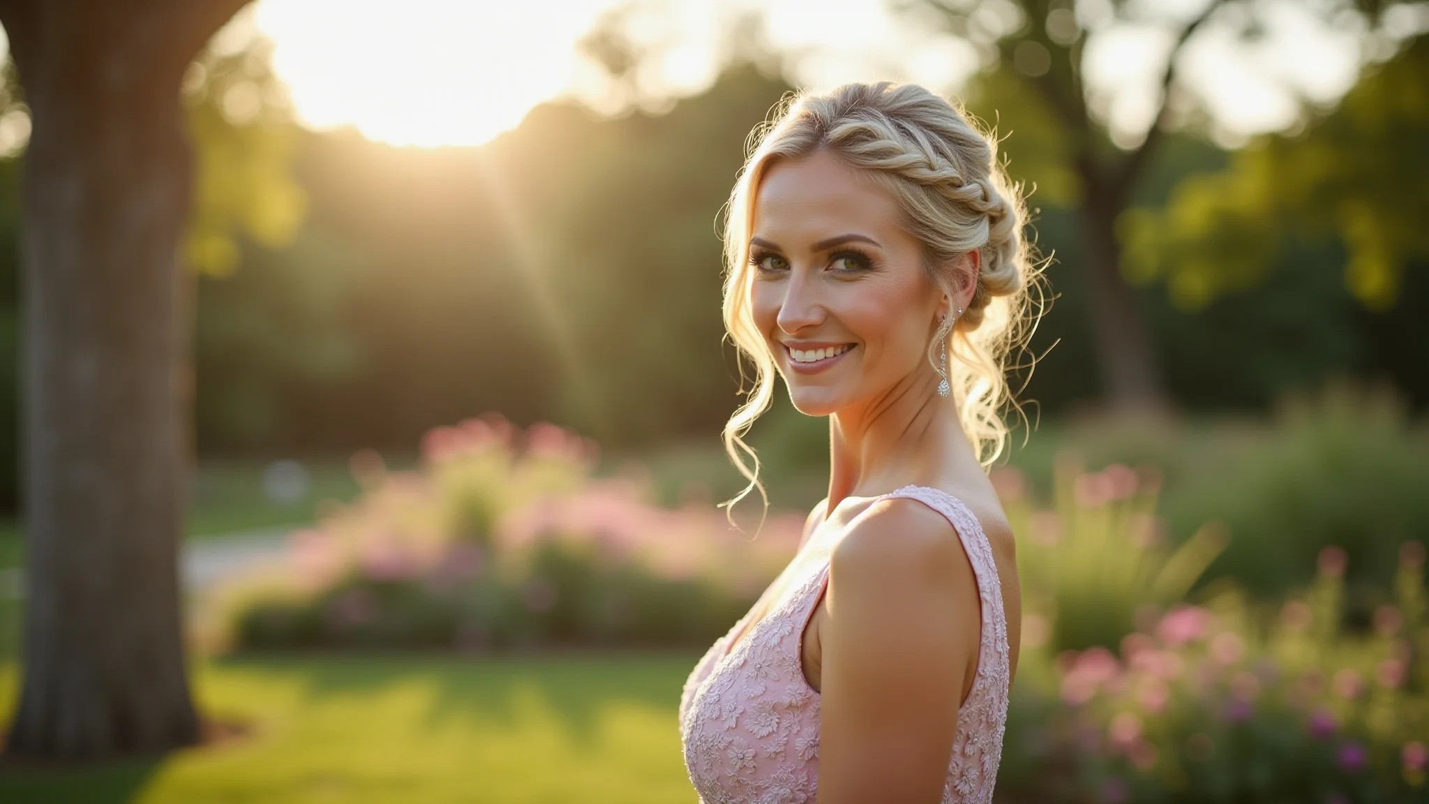 Madrinha loira com penteado trançado, vestido pastel, casamento diurno no jardim.