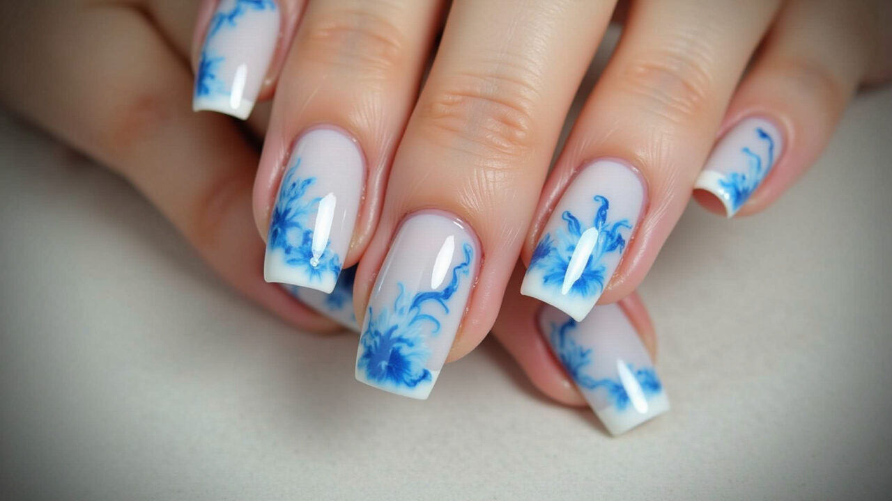 Blue and white marbled nails, summer 2026, ocean theme, elegant design, relaxing vibe, professional Unhas marmorizadas azul e branco: a elegância do oceano.