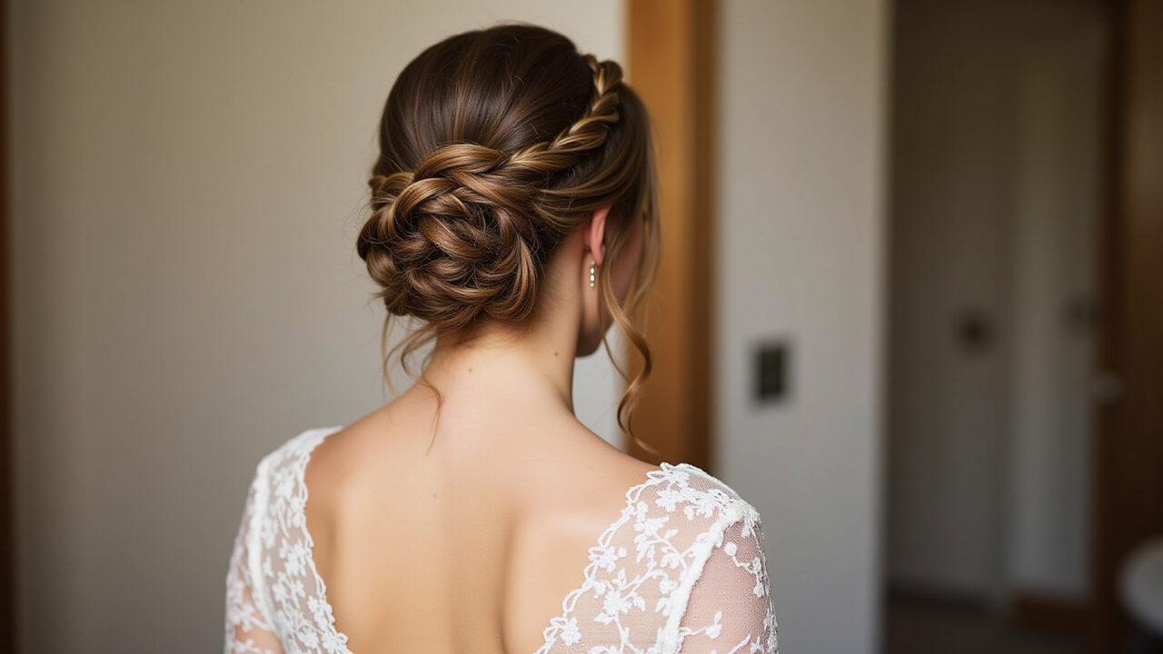 Boho-chic bride with braided bun updo, wearing a lace wedding dress, rustic setting, soft light, Noiva boho-chic com coque trançado e vestido de renda.