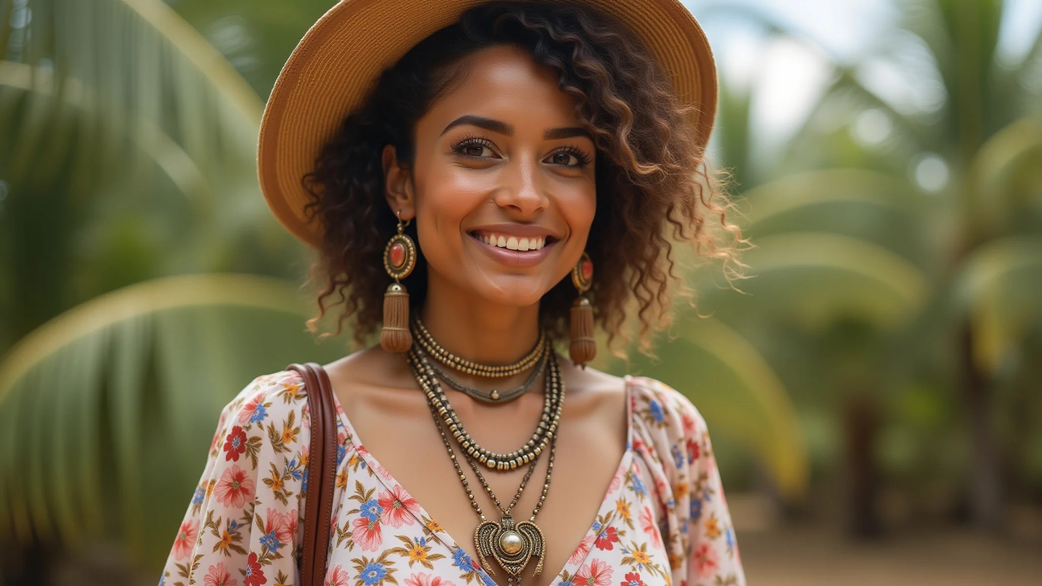 Estilo boho chic: mulher de vestido floral com acessórios artesanais, tendência primavera/verão 2026.