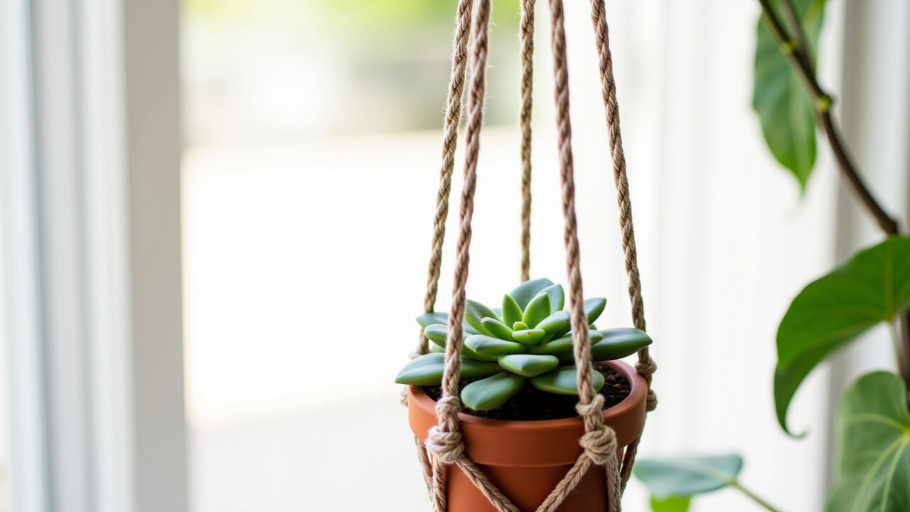 Suporte de planta macramê com penas de macramê e suculentas.