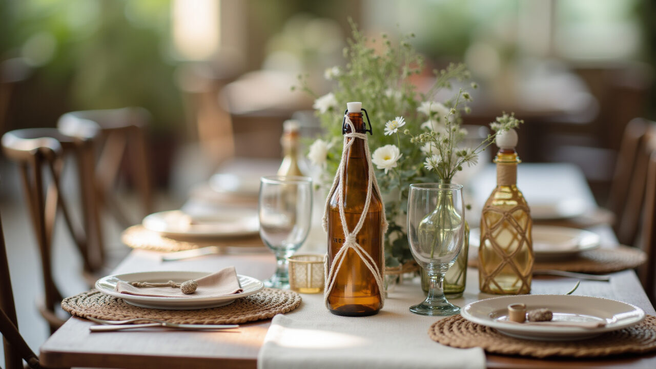 Decoração de festa boho com garrafas de macramê.