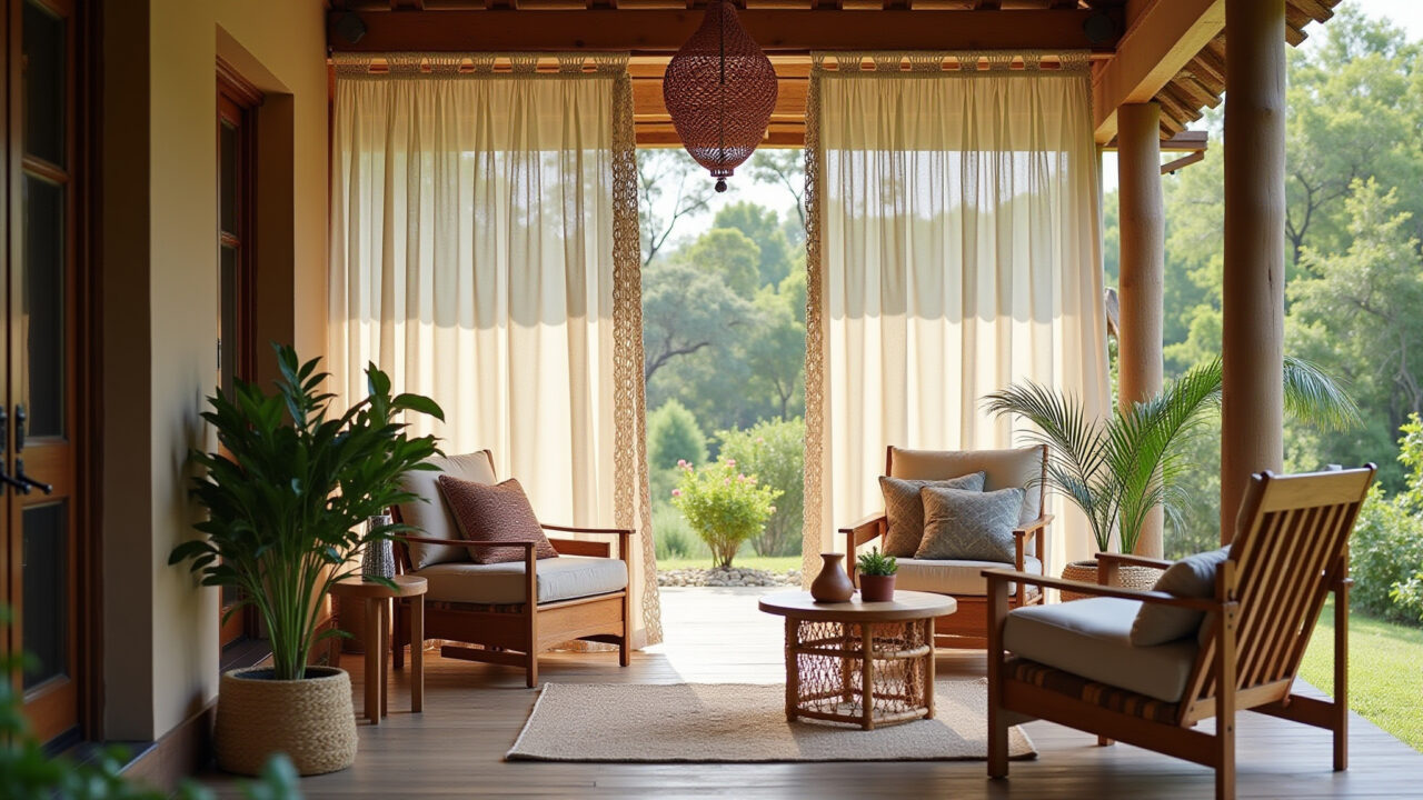 Varanda boho com cortina de macramê leve e fluida.