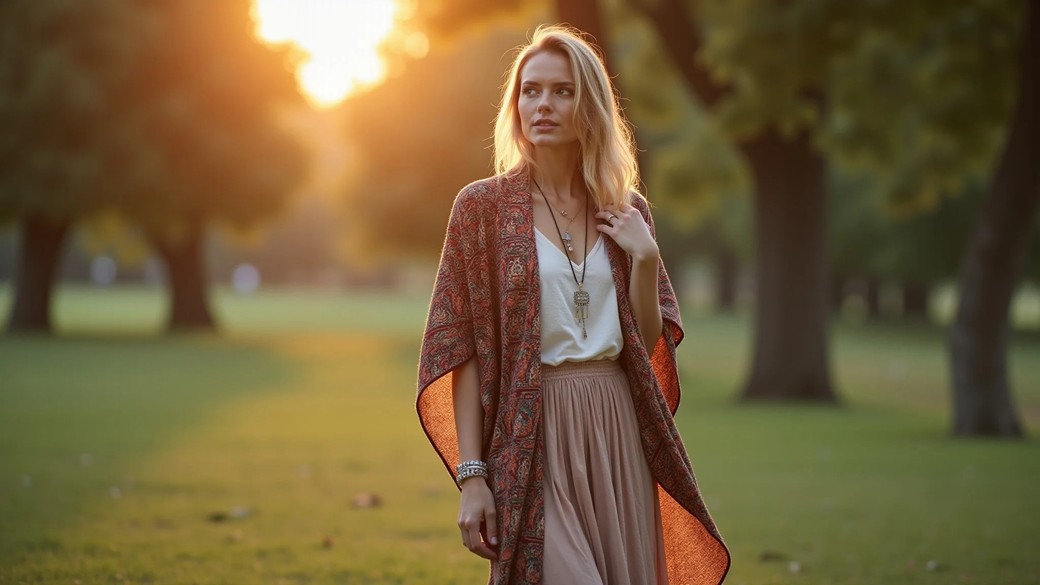 Mulher boho com saia longa e poncho estampado em parque ao entardecer.