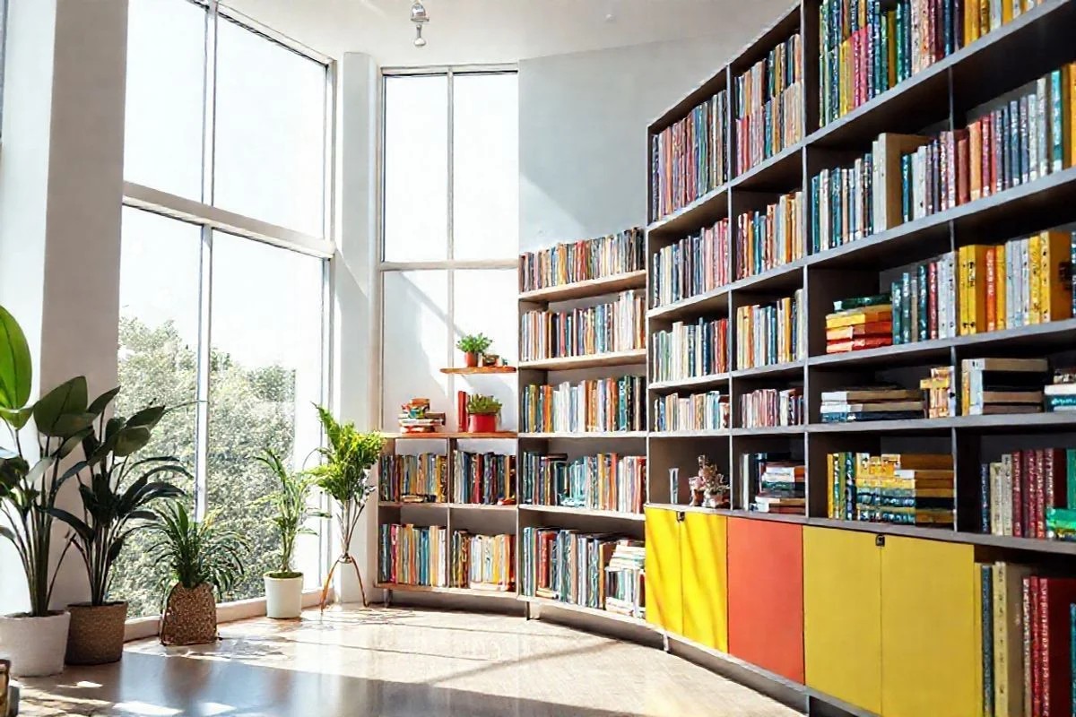 Estante moderna com livros organizados por cor em apartamento brasileiro iluminado.