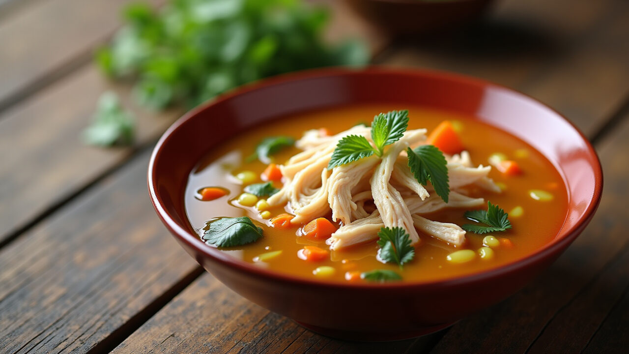 Sopa de legumes com frango desfiado, aconchego em uma tigela.