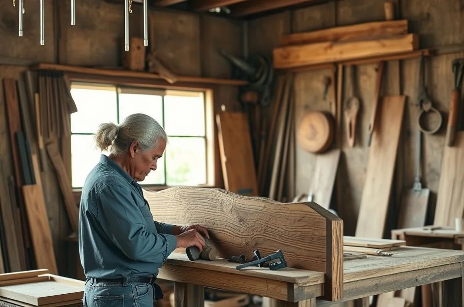 Artesão brasileiro trabalhando em cabeceira rústica de madeira.