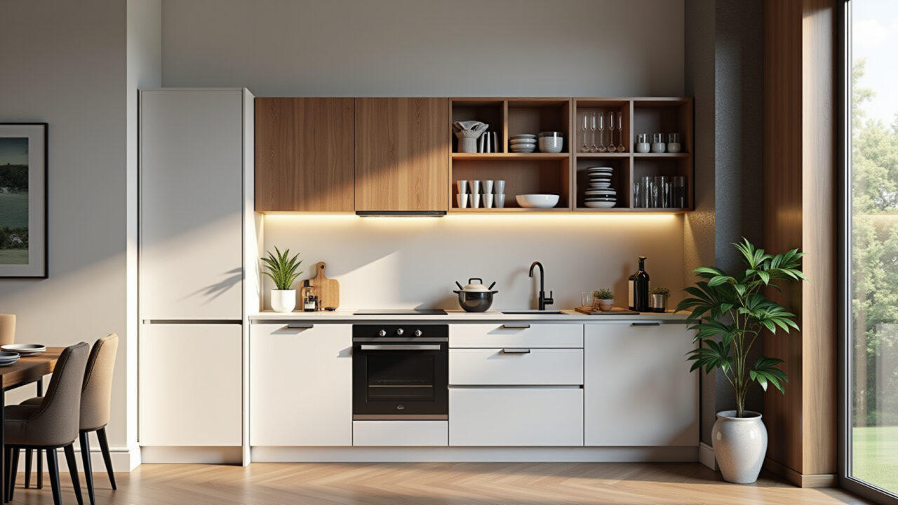 Cozinha compacta com armários aéreos para otimizar o espaço.