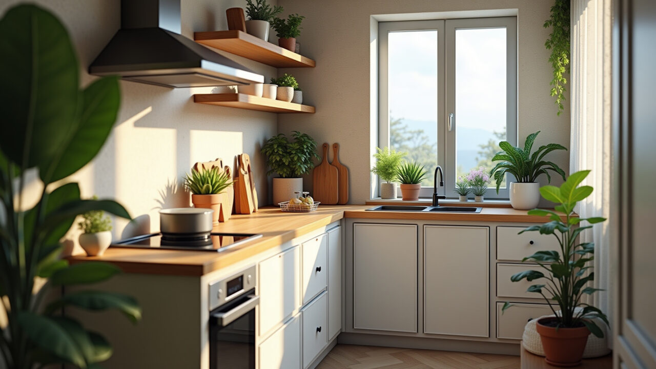 Cozinha compacta com bancada de madeira clara e decoração brasileira.