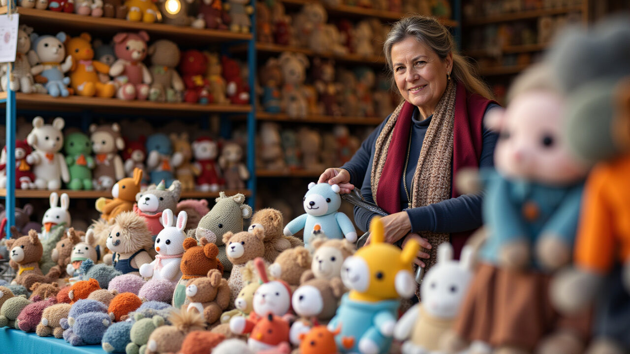 Brazilian craft fair stall with diverse amigurumis. Lifestyle photography, 8K quality, sharp focus, Stand de amigurumis em feira de artesanato no Brasil.
