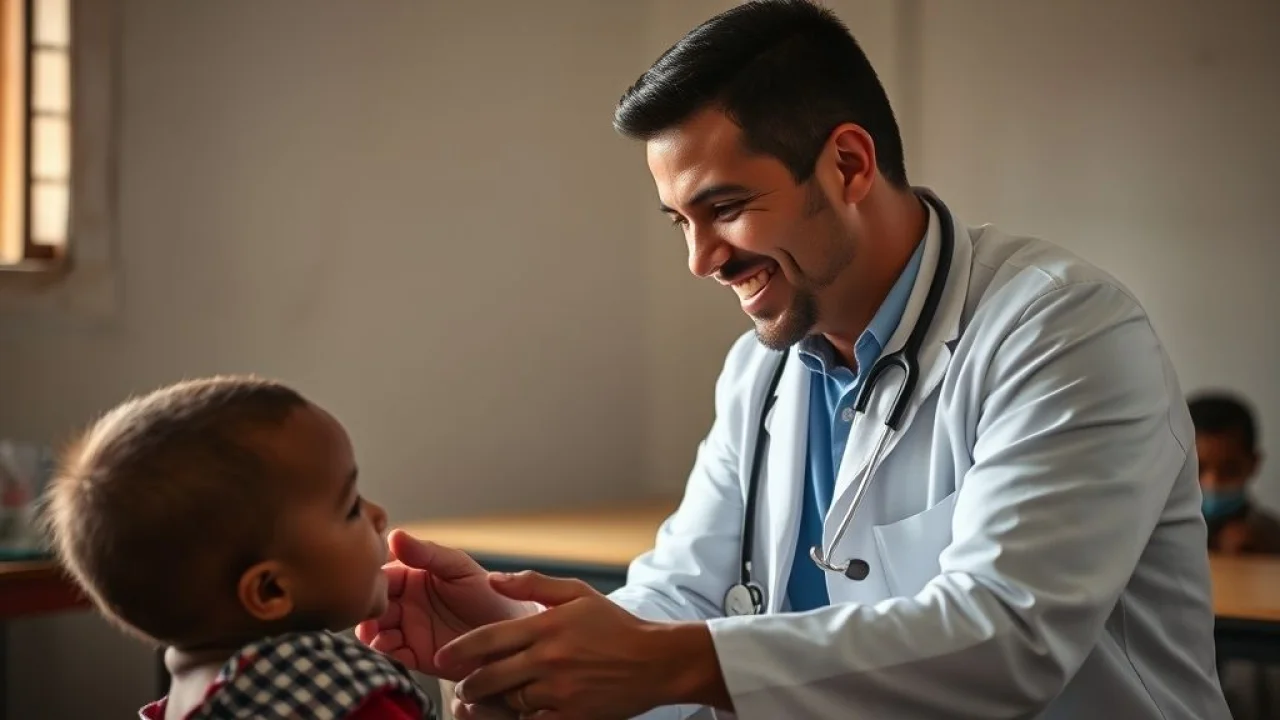Médico brasileiro voluntário examinando criança em clínica rural. Saúde e voluntariado.