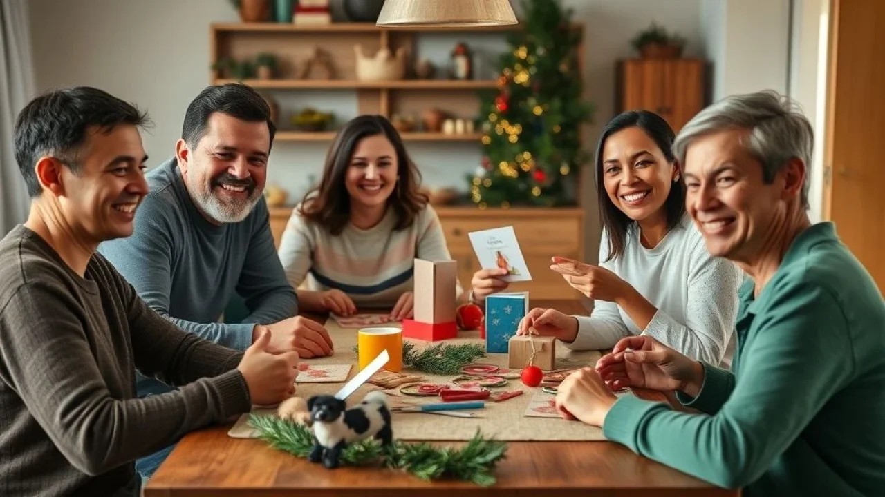 Família brasileira criando cartões de Natal em casa.