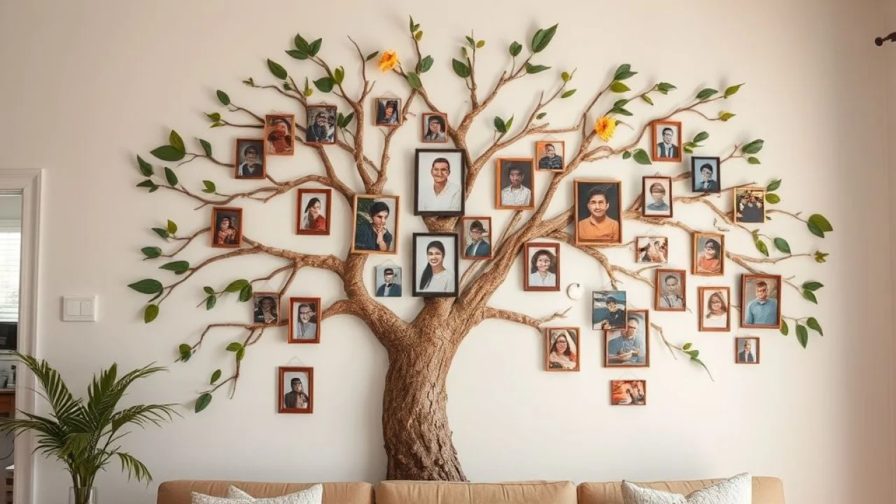 Árvore genealógica com fotos na parede de quarto brasileiro.