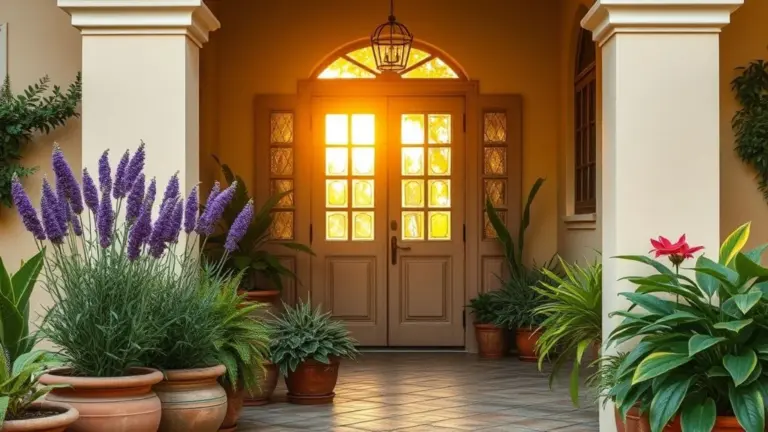Entrada de casa brasileira com vasos de lavanda, jasmim e gardênia iluminada pelo sol.