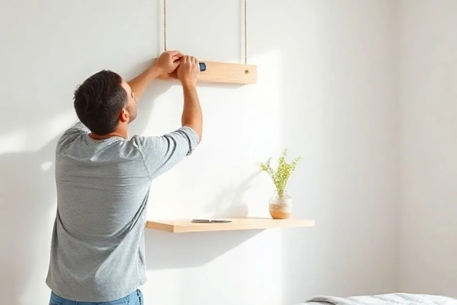 Designer instalando criado mudo suspenso em parede branca com ferramentas.