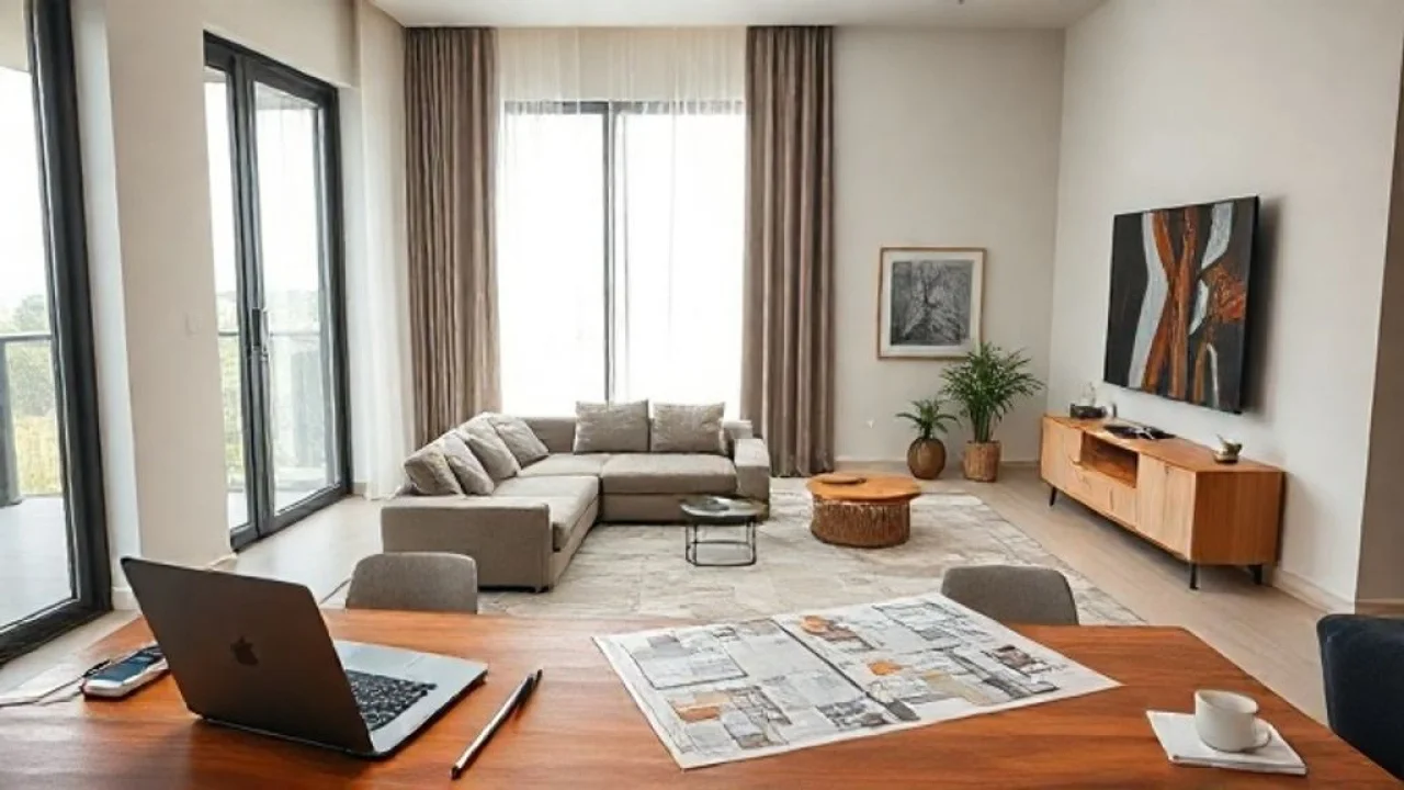 Brazilian interior designer planning living room layout with floor plan and furniture swatches, Designer de interiores planejando layout de sala clean com planta e amostras