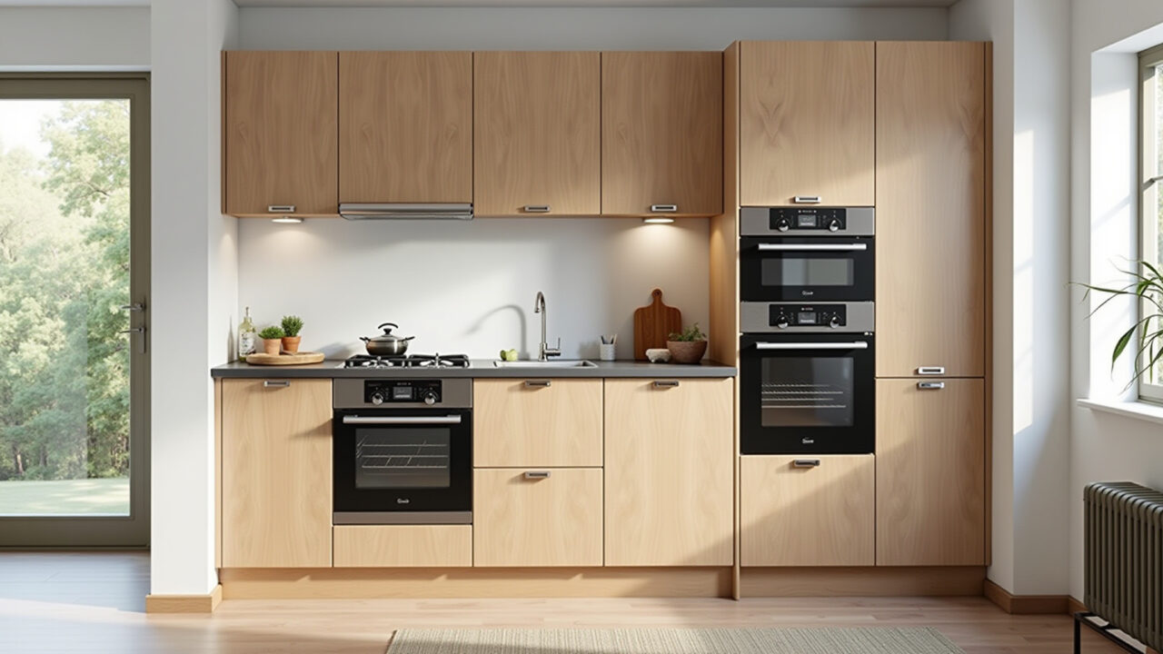 Cozinha com eletrodomésticos acessíveis e design simples.