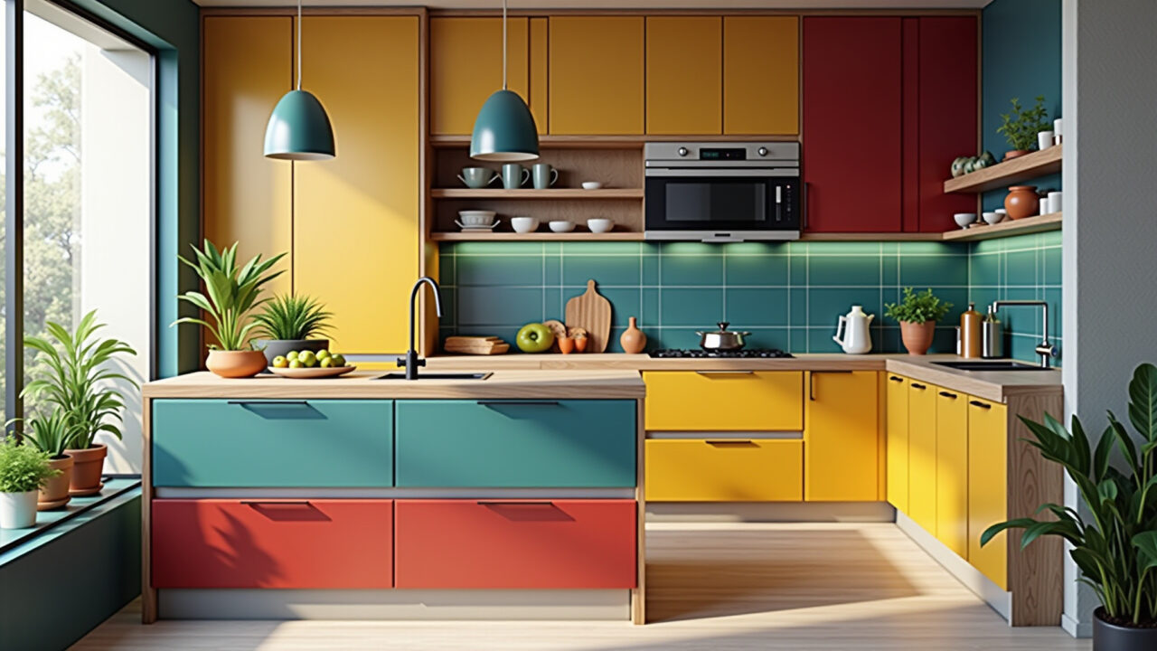 Brazilian kitchen, colorful vinyl patterns, modern design, vibrant colors, natural light, 8K Variedade de cores e estampas de piso vinílico.