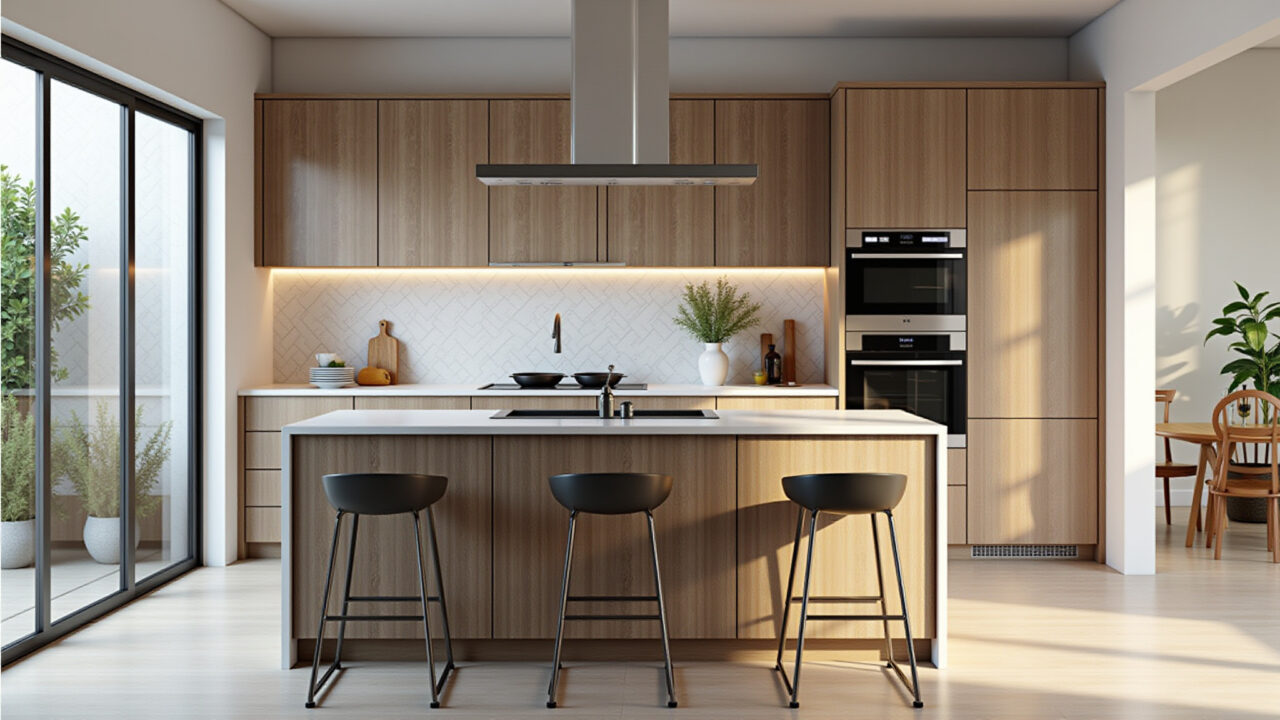 Brazilian kitchen, diverse porcelain styles, wood imitation, stone imitation, natural light, 8K Variedade de estilos de porcelanato para cozinha.