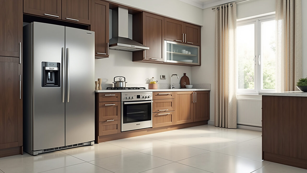 Brazilian kitchen, porcelain floor, resisting scratches, stainless steel appliances, natural light, Piso de porcelanato resistente a riscos em cozinha.