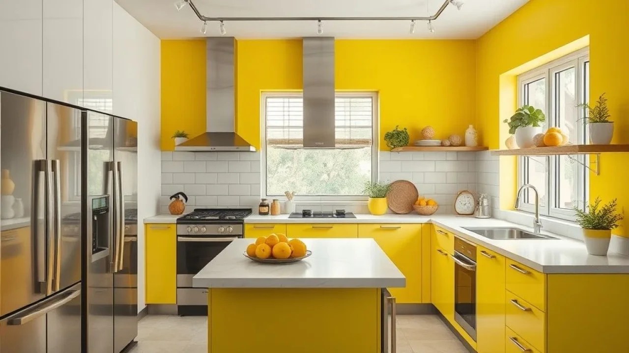 Cozinha brasileira com detalhes em amarelo limão, vibrante e moderna.