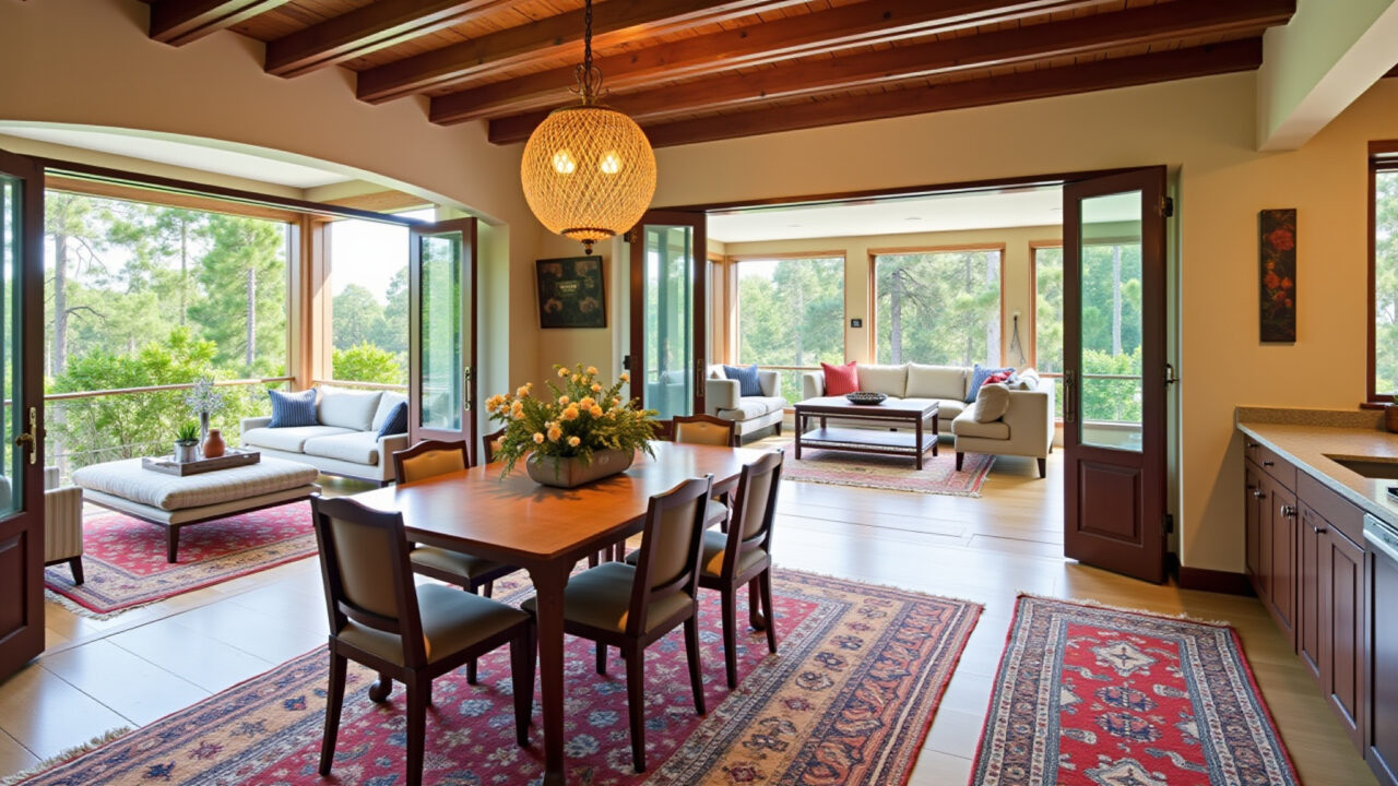 Brazilian kitnet with stylish rugs defining living spaces, natural light, colorful decor, 8K Kitnet brasileira com tapetes delimitando espaços.