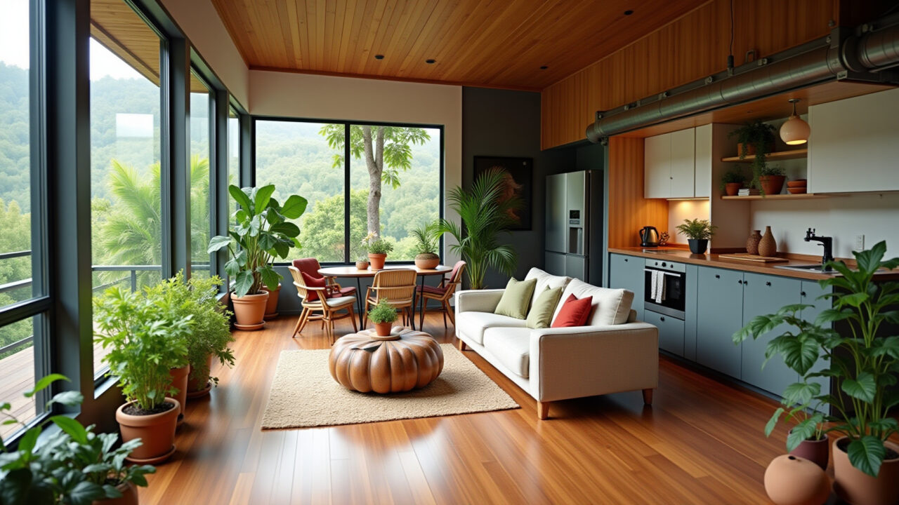 Brazilian living room and kitchen with plants, natural light, and vibrant decor. Lifestyle Plantas trazendo vida e frescor para sala com cozinha integrada.