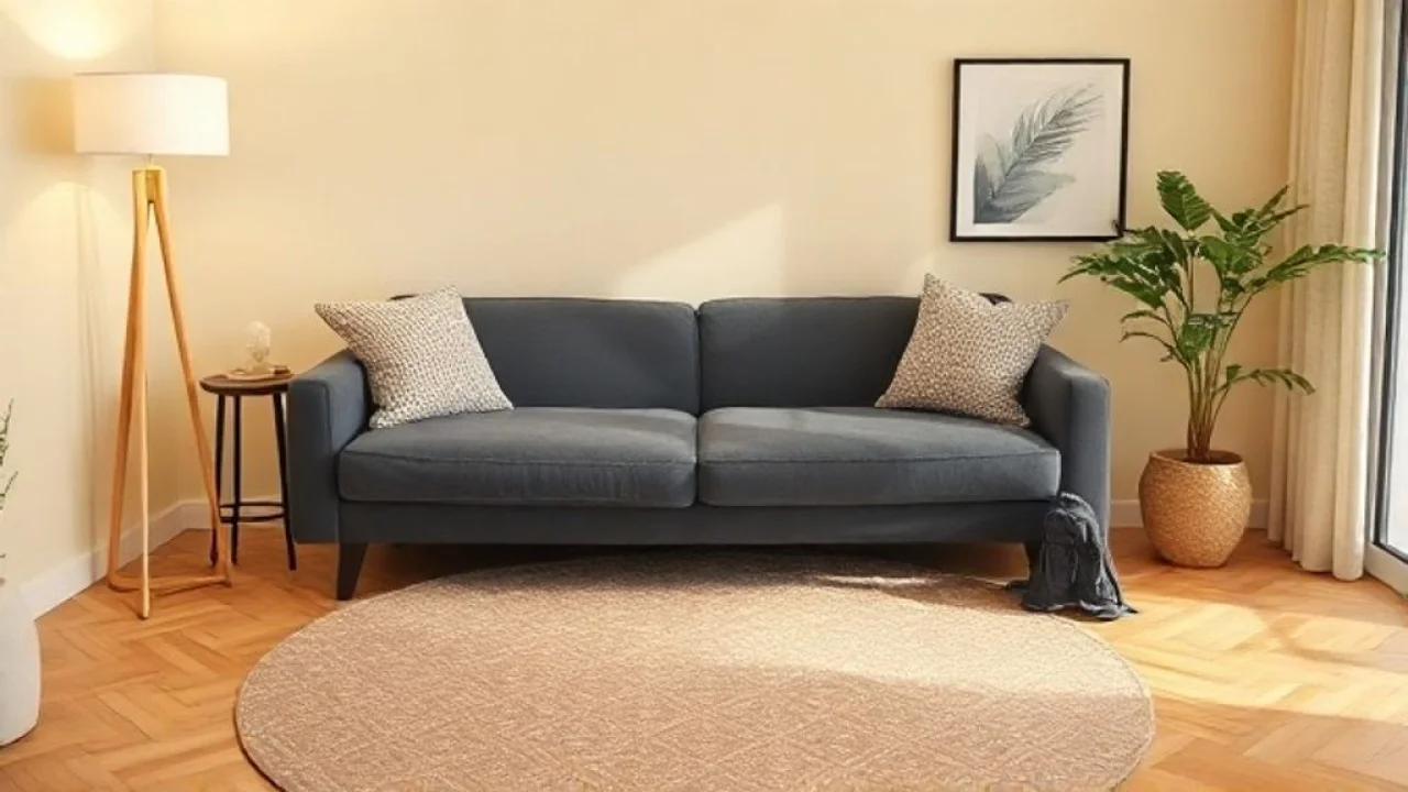 Brazilian living room corner, beige walls, gray sofa with textured throw pillows, geometric Sala de estar aconchegante com sofá cinza, tapete geométrico e iluminação suave