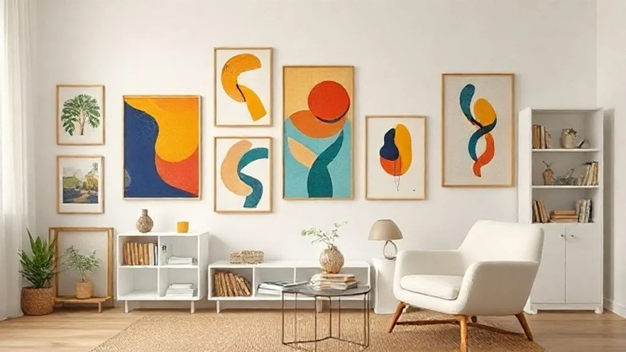 Brazilian living room with a gallery wall featuring colorful abstract art prints, a minimalist Sala clean com parede de quadros coloridos, estante branca e poltrona confortável