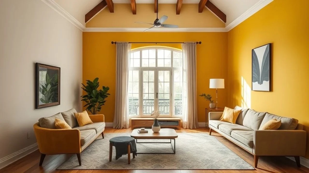 Sala de estar brasileira com parede amarela mostarda e móveis retrô.