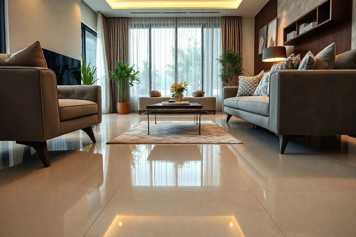 Pés de móveis com feltro protetor em piso de porcelanato.