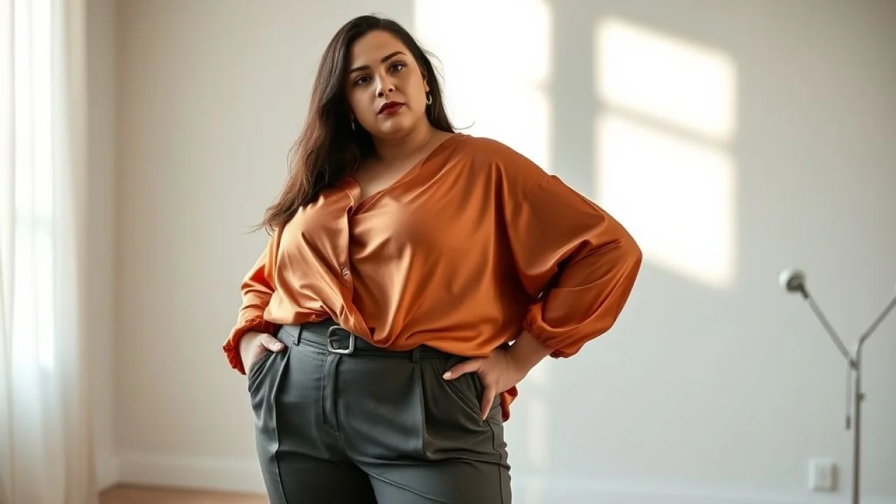 Modelo plus size brasileira vestindo blusa e calça de viscose